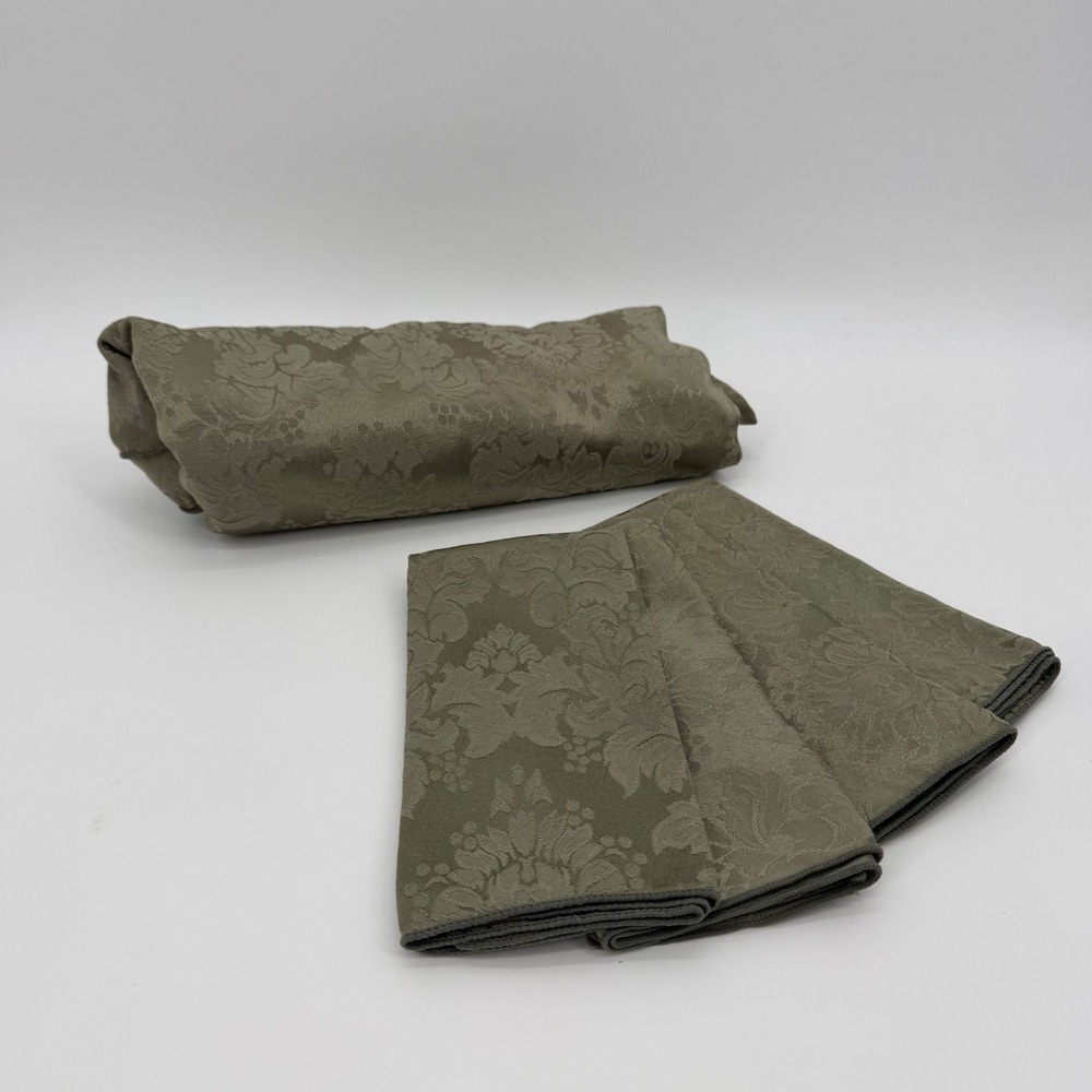 Olive Green Damask Round Tablecloth and 4 Napkins Set Floral Jacquard 68 Inch